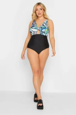 YOURS Curve Black Retro Swirl Print Keyhole Tummy Control Swimsuit