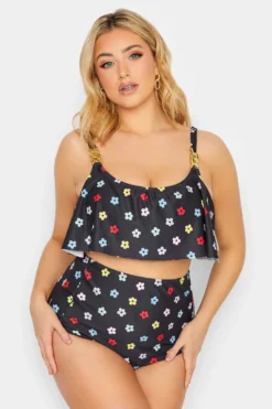 YOURS Curve Black Daisy Print Frill Chain Bikini Top
