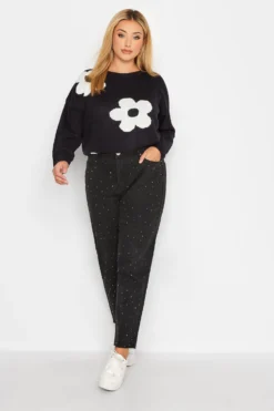 YOURS Curve Black Washed Diamante Stretch MOM Jeans