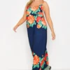 YOURS Curve Navy Blue Floral Border Print Strappy Dress