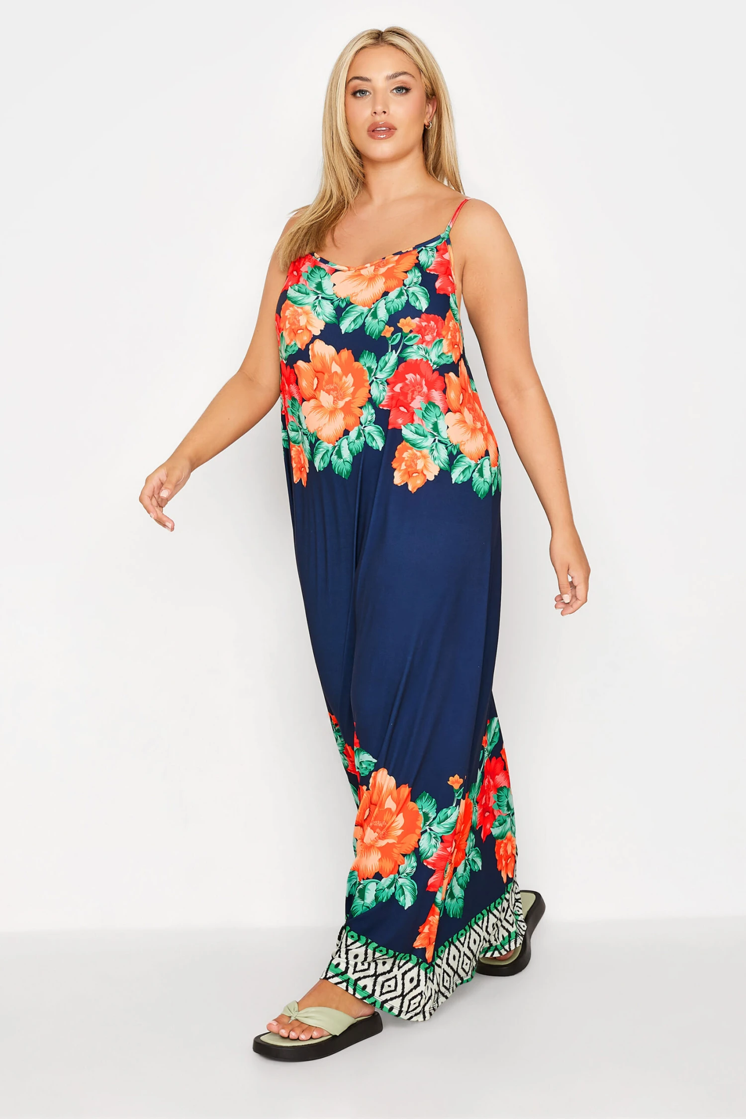 YOURS Curve Navy Blue Floral Border Print Strappy Dress 1 YOURS Curve Navy Blue Floral Border Print Strappy Dress