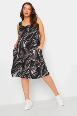 YOURS Curve Black Marble Print Sleeveless Drape Pocket Midi Dress