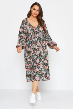 LIMITED COLLECTION Curve Black Floral Balloon Sleeve Midi Dress