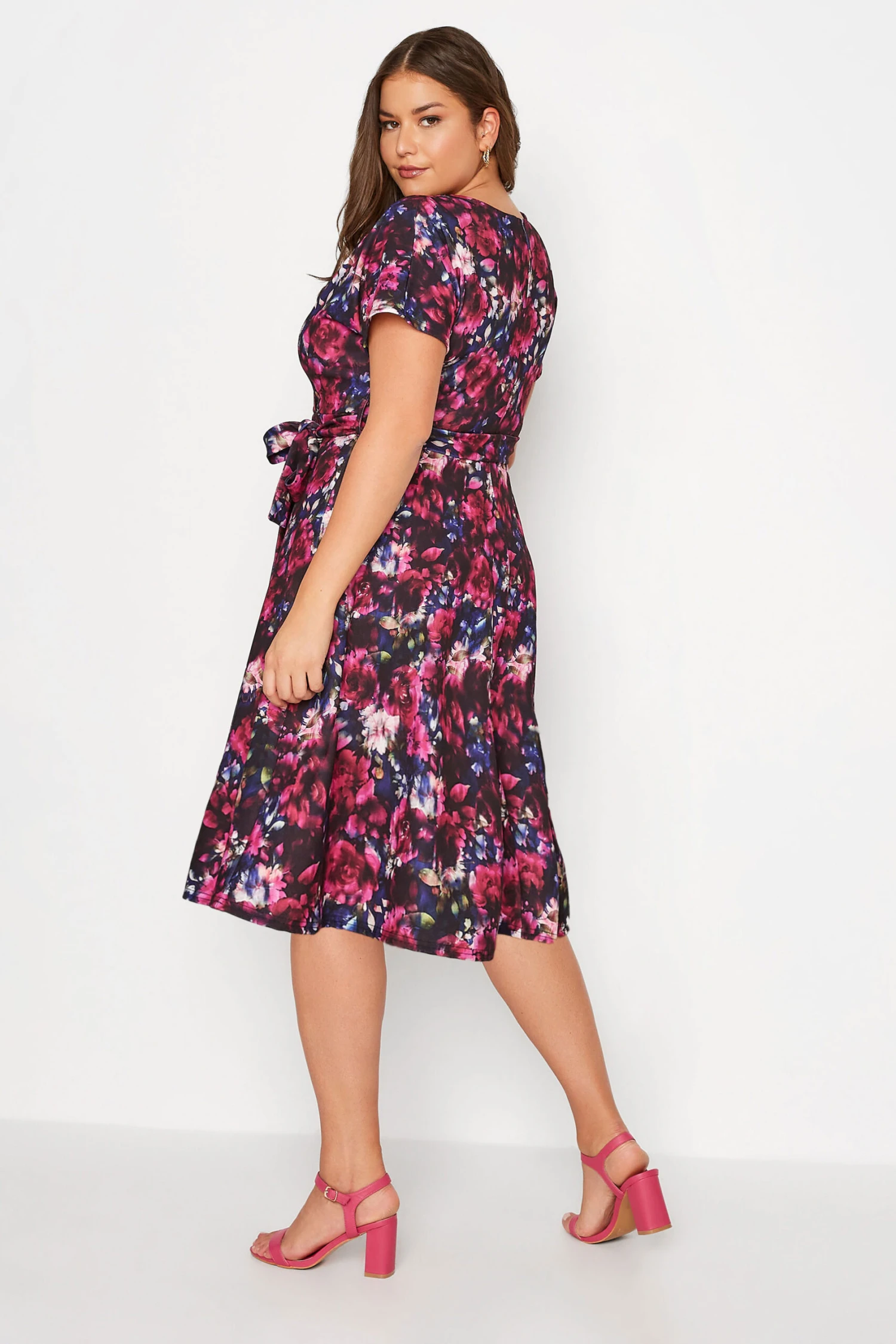 YOURS LONDON Curve Pink & Blue Floral Wrap Skater Dress 2 YOURS LONDON Curve Pink & Blue Floral Wrap Skater Dress - Image 2