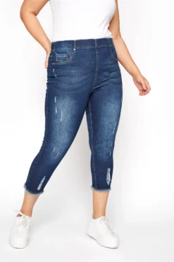 YOURS FOR GOOD Curve Indigo Blue Distressed JENNY Stretch Cropped Jeggings