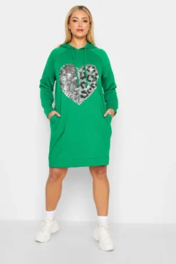 YOURS Curve Green Heart Sequin Embellished Hoodie Dress