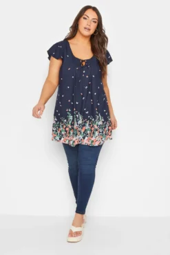 YOURS Curve Navy Blue Butterfly Print Blouse