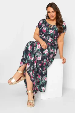 YOURS Curve Navy Blue Tropical Print Bardot Maxi Dress