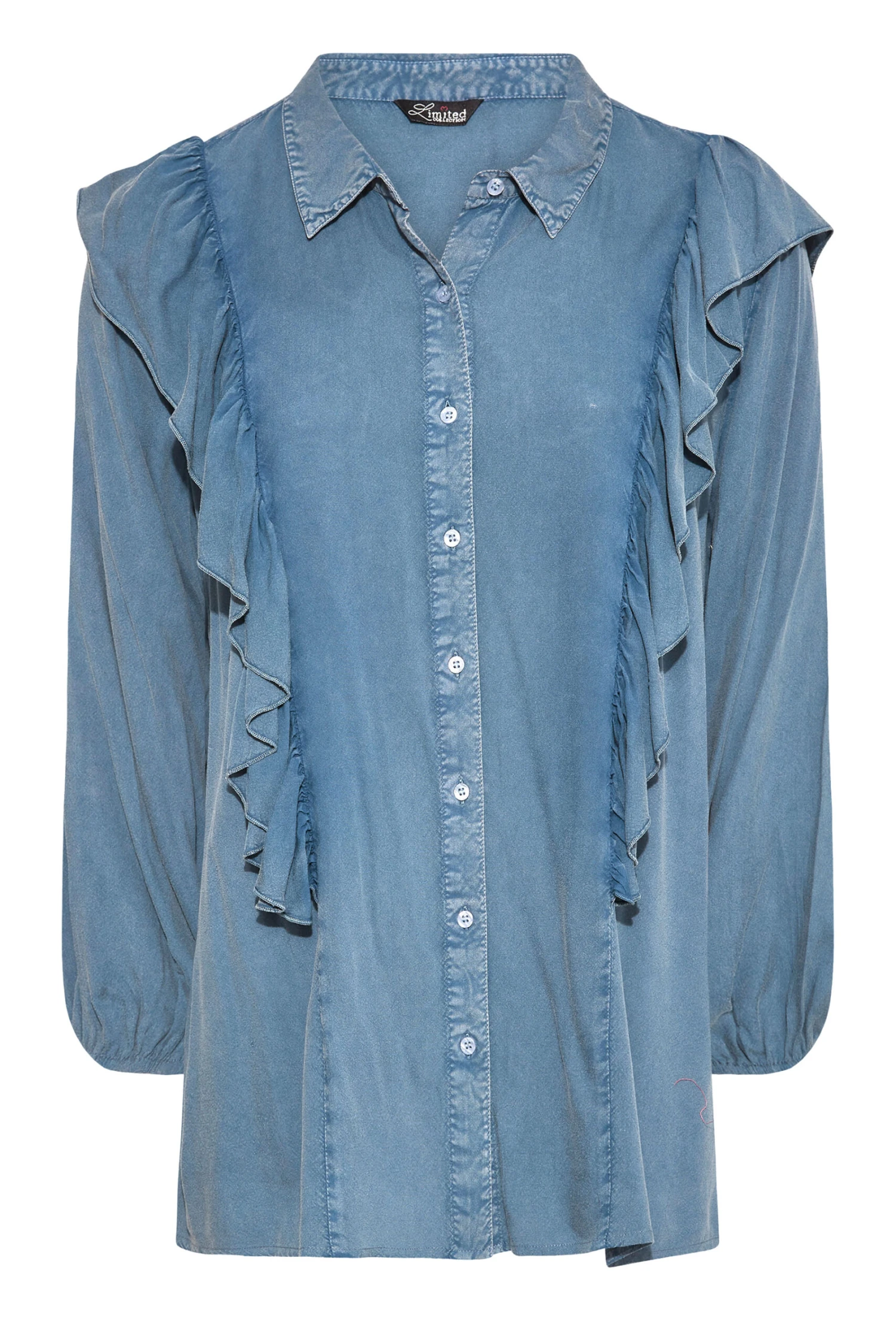 LIMITED COLLECTION Curve Blue Frill Chambray Shirt 5 LIMITED COLLECTION Curve Blue Frill Chambray Shirt - Image 5