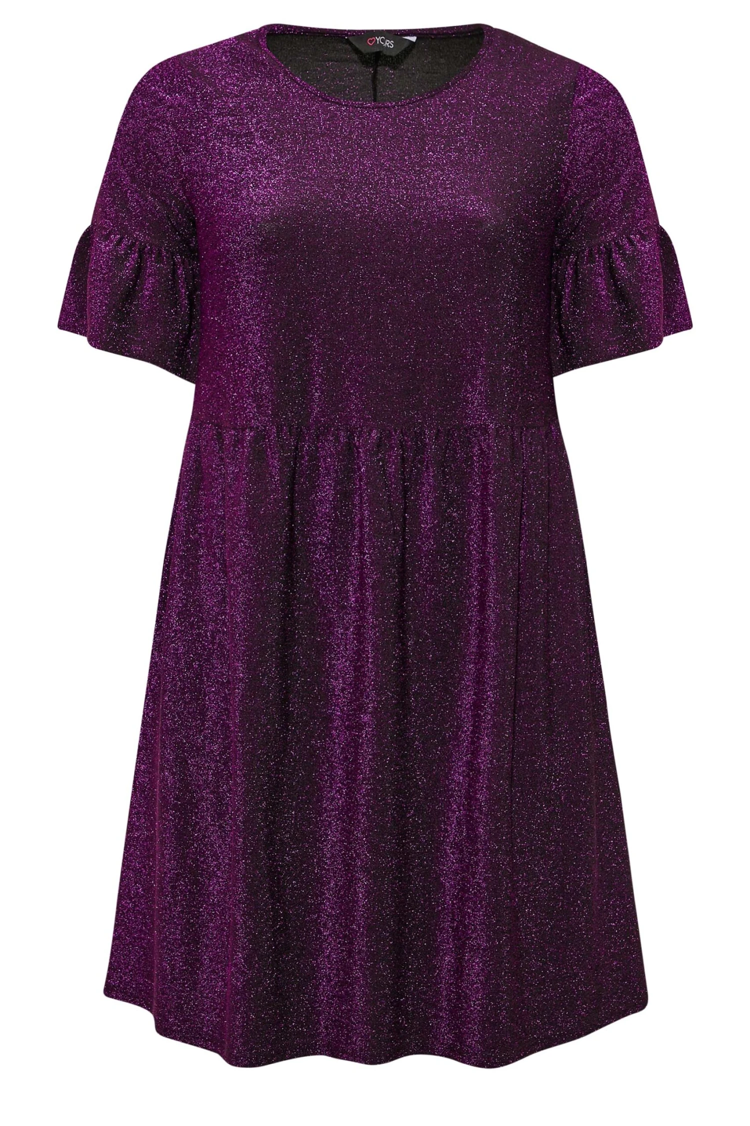 YOURS Curve Purple Glitter Frill Sleeve Smock Dress 6 YOURS Curve Purple Glitter Frill Sleeve Smock Dress - Image 6
