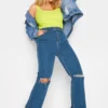 YOURS Curve Mid Blue Ripped Stretch Wide Leg Jeans