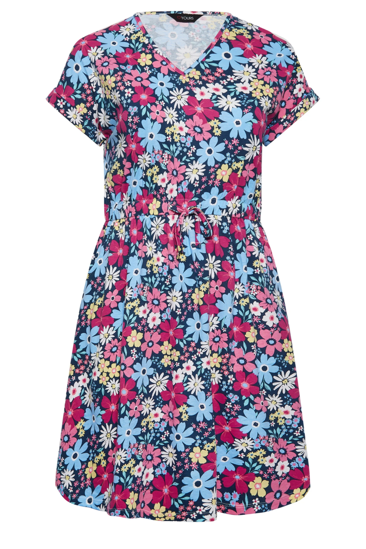 YOURS Curve Blue Floral Tie Waist Mini Dress 5 YOURS Curve Blue Floral Tie Waist Mini Dress - Image 5