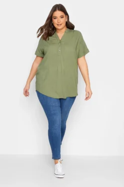 YOURS Curve Khaki Green Half Placket Blouse