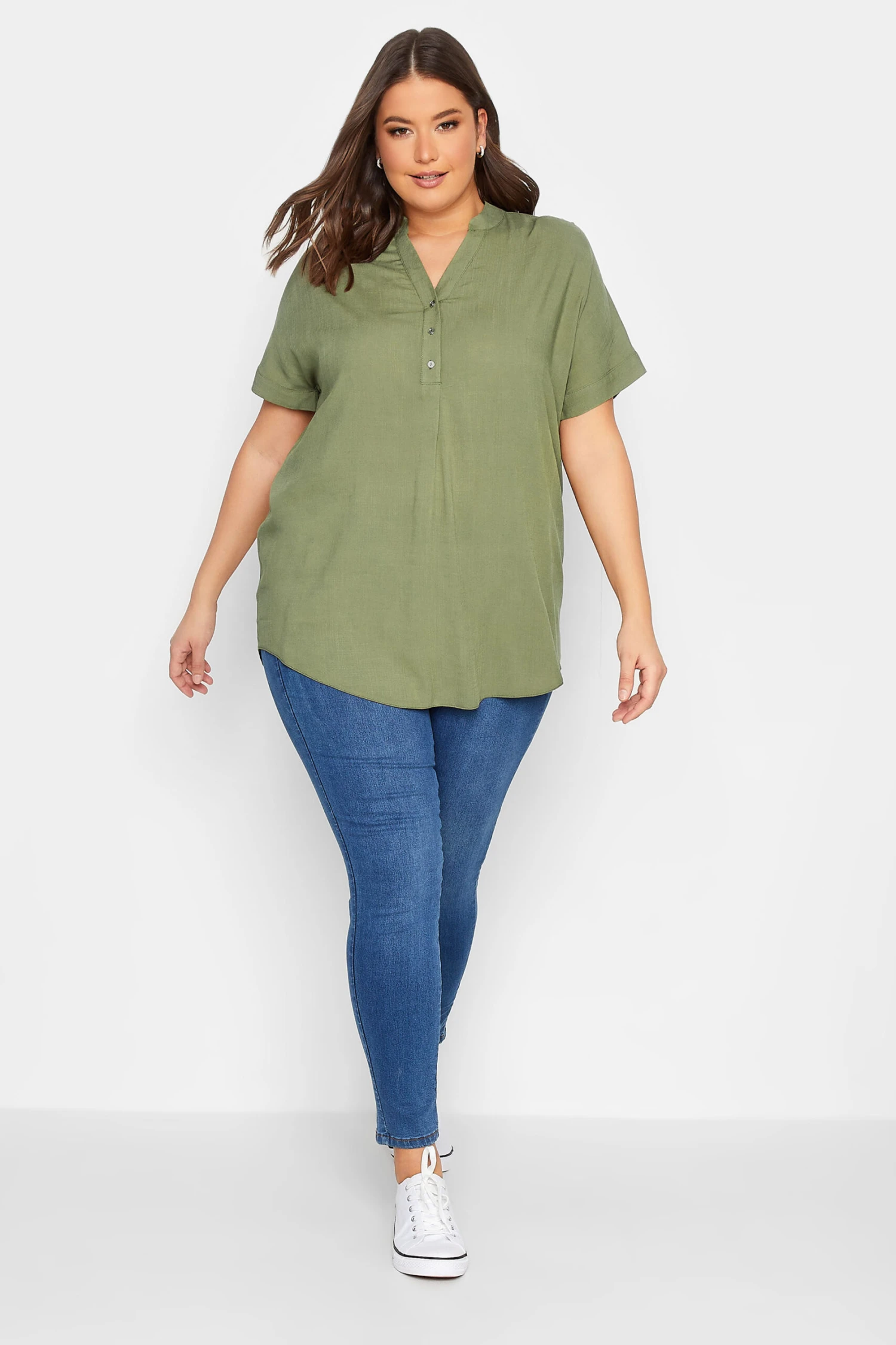 YOURS Curve Khaki Green Half Placket Blouse 1 YOURS Curve Khaki Green Half Placket Blouse