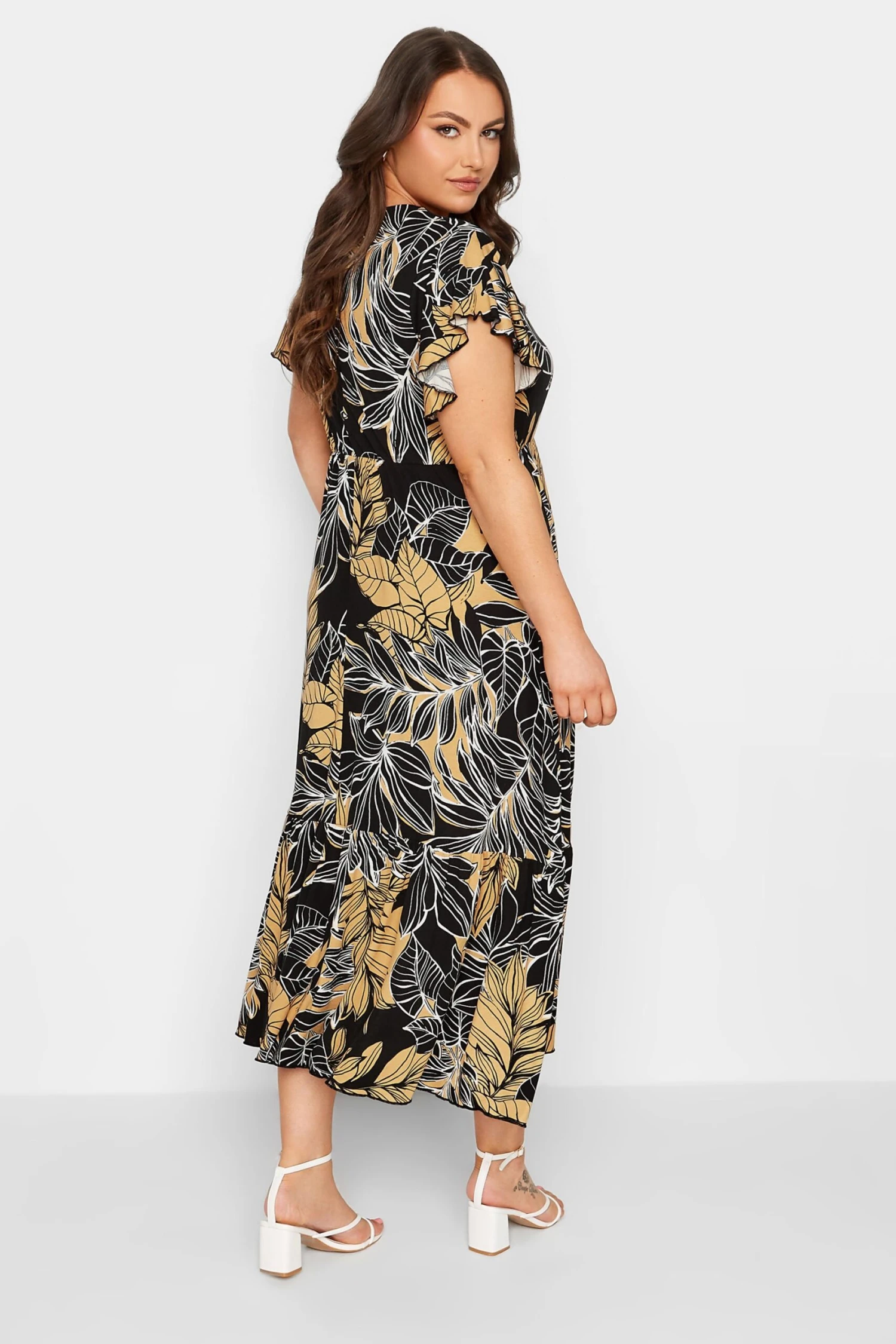 YOURS Curve Black & Yellow Floral Print Frill Sleeve Wrap Maxi Dress 2 YOURS Curve Black & Yellow Floral Print Frill Sleeve Wrap Maxi Dress - Image 2