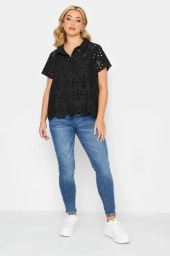 YOURS PETITE Curve Black Broderie Anglaise Short Sleeve Shirt