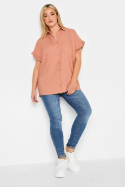 YOURS Curve Coral Orange Frill Sleeve Collared Shirt