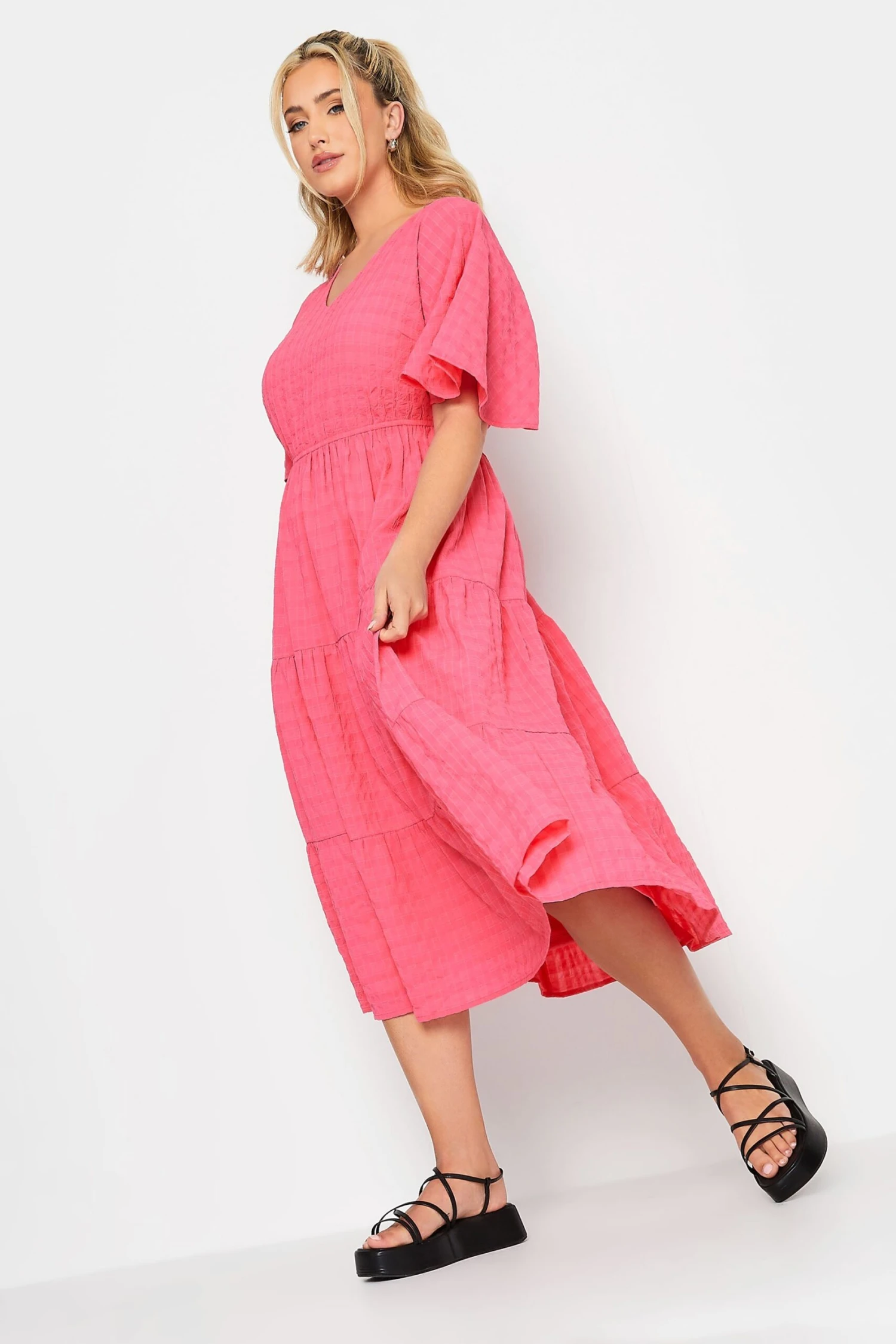 LIMITED COLLECTION Curve Hot Pink Textured Tiered Smock Dress 1 LIMITED COLLECTION Curve Hot Pink Textured Tiered Smock Dress