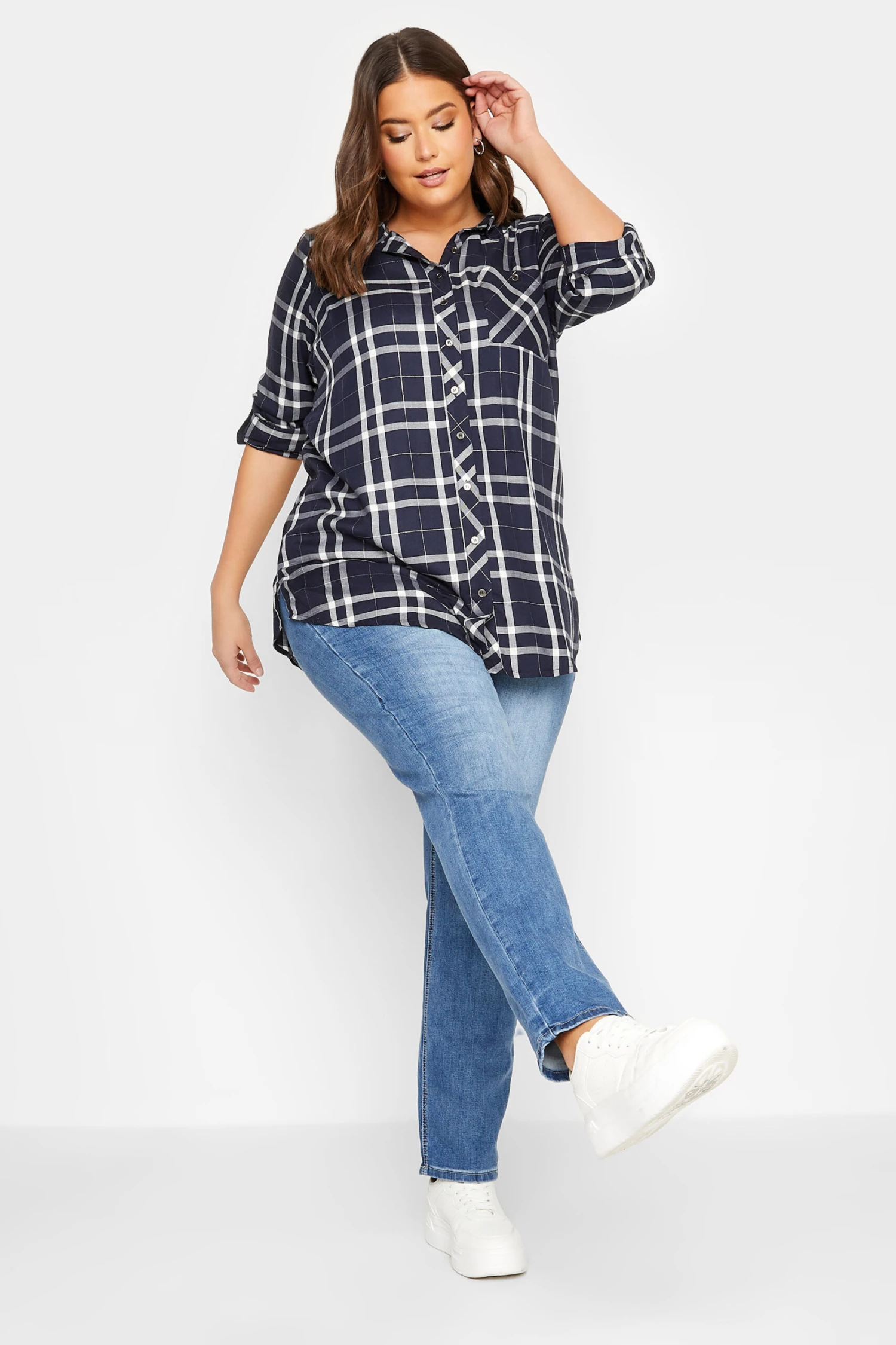 YOURS Curve Navy Blue Check Boyfriend Shirt 1 YOURS Curve Navy Blue Check Boyfriend Shirt
