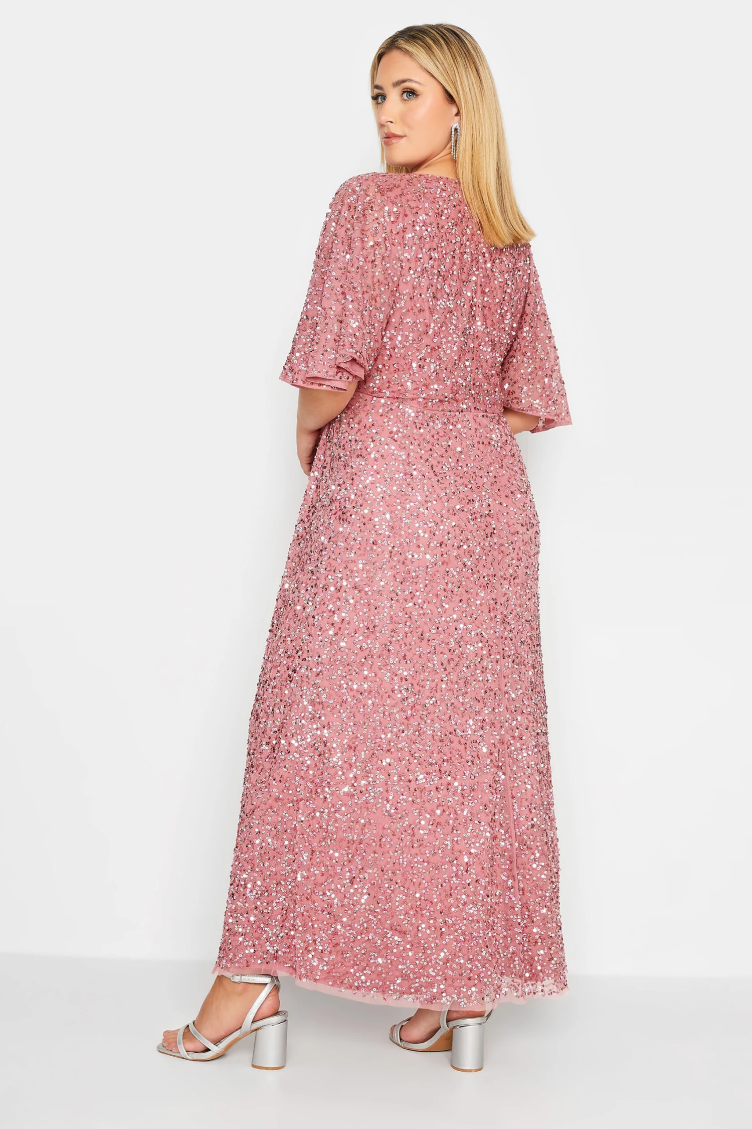 LUXE Curve Pink Hand Embellished Angel Sleeve Maxi Dress 2 LUXE Curve Pink Hand Embellished Angel Sleeve Maxi Dress - Image 2