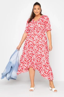 LIMITED COLLECTION Curve Red Floral Hanky Hem Dress