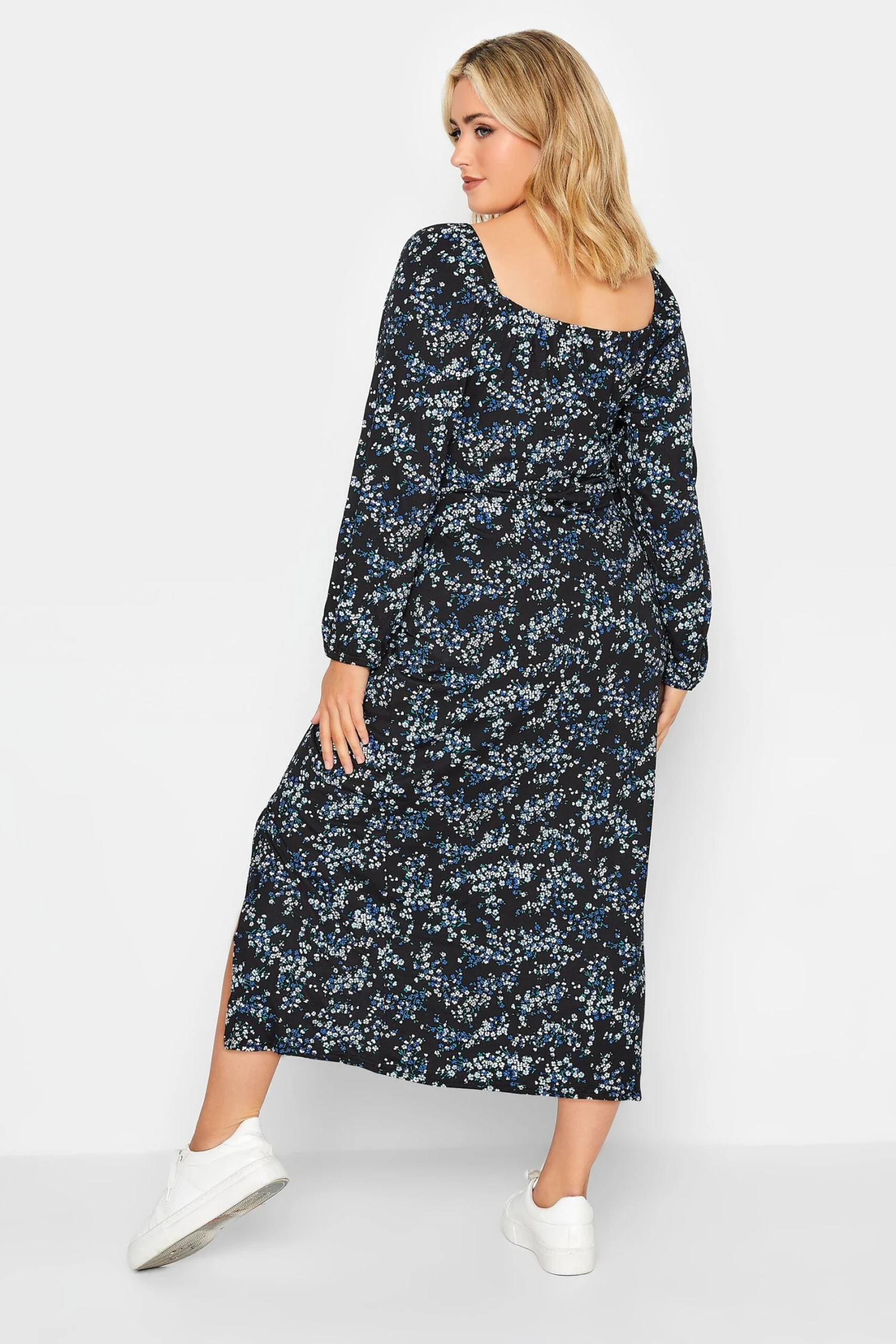 YOURS PETITE Curve Black & Blue Ditsy Print Milkmaid Midi Dress 3 YOURS PETITE Curve Black & Blue Ditsy Print Milkmaid Midi Dress - Image 3