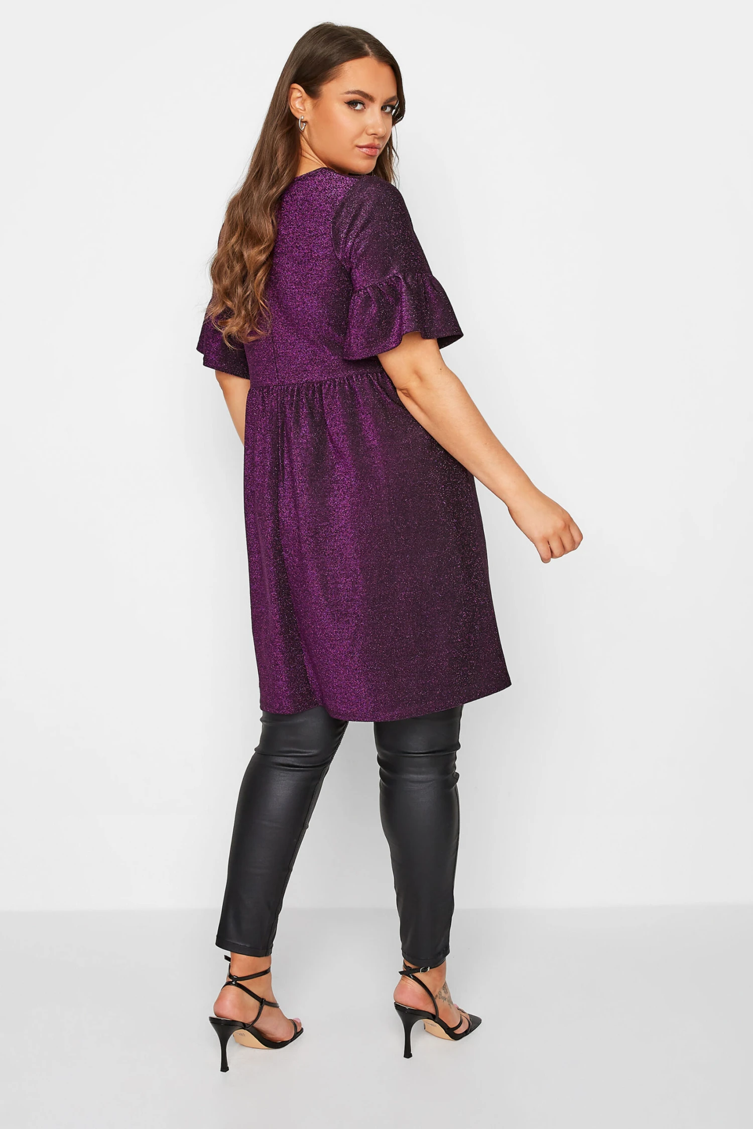 YOURS Curve Purple Glitter Frill Sleeve Smock Dress 2 YOURS Curve Purple Glitter Frill Sleeve Smock Dress - Image 2