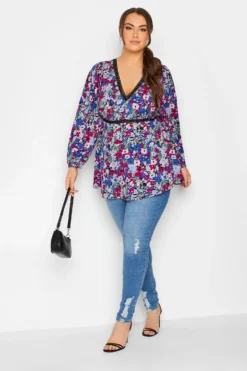 LIMITED COLLECTION Curve Blue & Pink Floral Lace Blouse