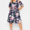 YOURS LONDON Curve Navy Blue Floral Cold Shoulder Skater Dress