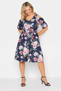 YOURS LONDON Curve Navy Blue Floral Cold Shoulder Skater Dress