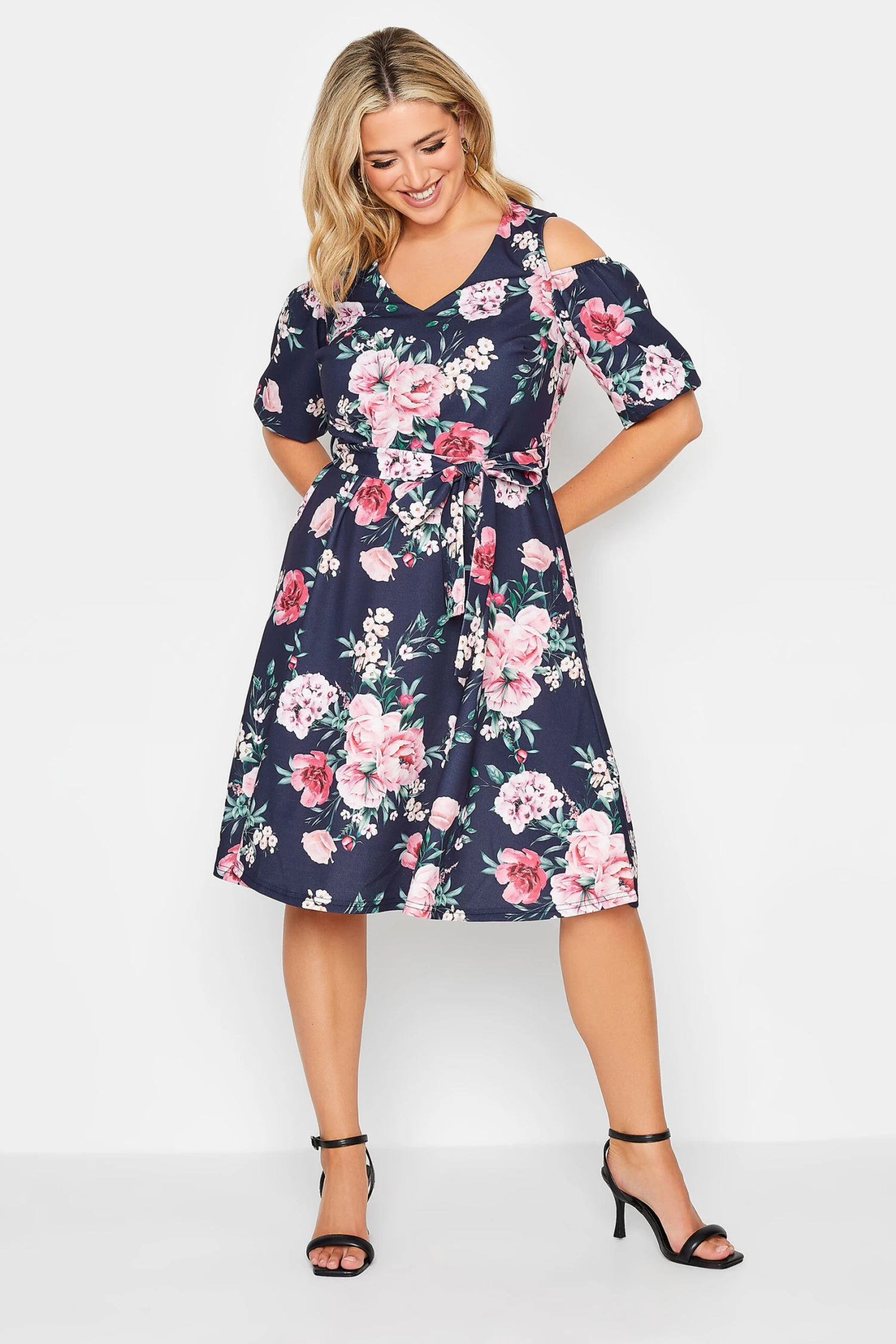 YOURS LONDON Curve Navy Blue Floral Cold Shoulder Skater Dress 1 YOURS LONDON Curve Navy Blue Floral Cold Shoulder Skater Dress