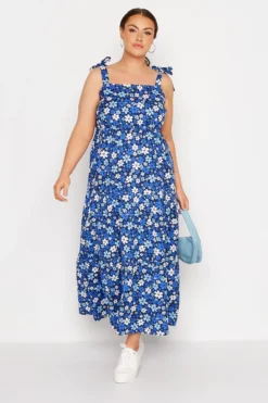 LIMITED COLLECTION Curve Blue Retro Floral Tiered Strappy Sundress