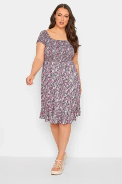 YOURS Curve Pink Floral Ditsy Shirred Midi Dress