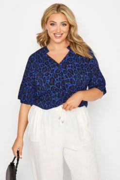 YOURS Curve Blue Leopard Print V-Neck Shirt