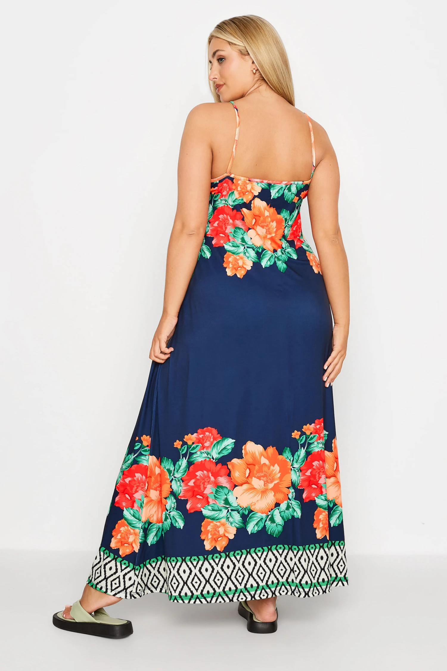 YOURS Curve Navy Blue Floral Border Print Strappy Dress 2 YOURS Curve Navy Blue Floral Border Print Strappy Dress - Image 2