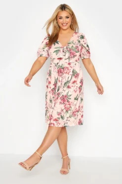 YOURS LONDON Curve Pink Floral Print Bow Front Midi Dress