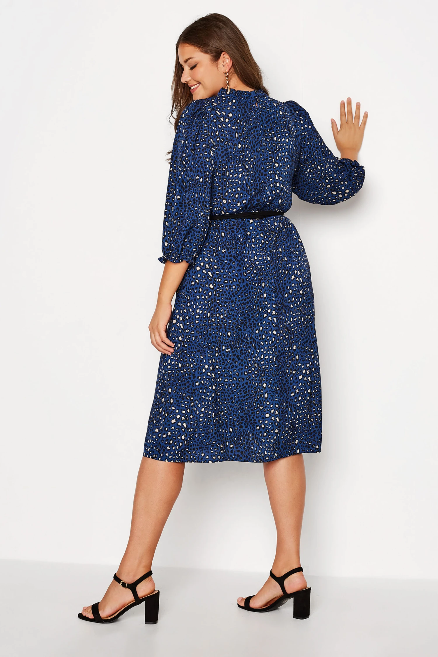 YOURS LONDON Curve Blue Animal Print Ruffle Neck Dress 2 YOURS LONDON Curve Blue Animal Print Ruffle Neck Dress - Image 2