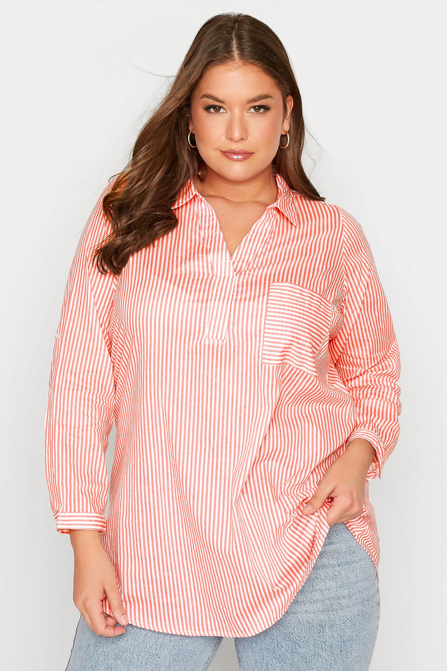 YOURS Curve Pink Stripe Placket Shirt 2 YOURS Curve Pink Stripe Placket Shirt - Image 2