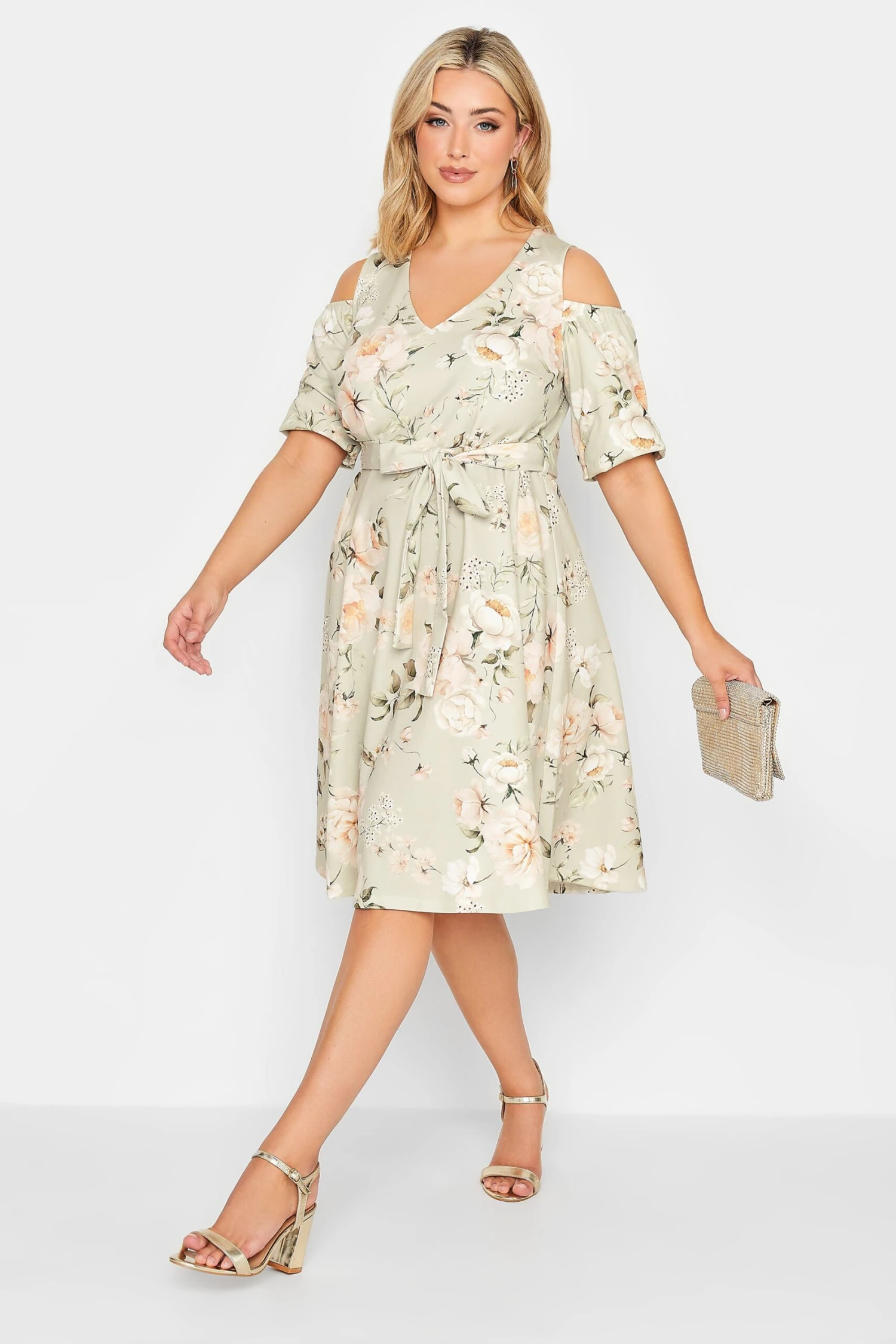 YOURS LONDON Curve Sage Green Floral Cold Shoulder Skater Dress 1 YOURS LONDON Curve Sage Green Floral Cold Shoulder Skater Dress