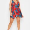 YOURS Curve Red Palm Leaf Plunge Tummy Control Swim Dress
