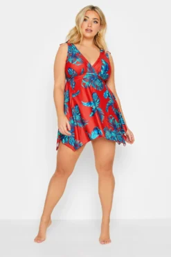 YOURS Curve Red Palm Leaf Plunge Tummy Control Swim Dress