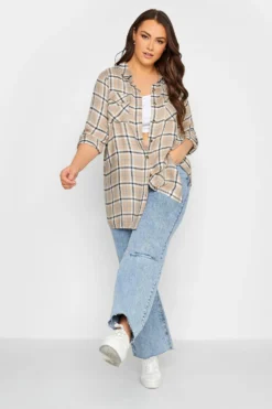 YOURS Curve Beige Brown Check Longline Boyfriend Shirt