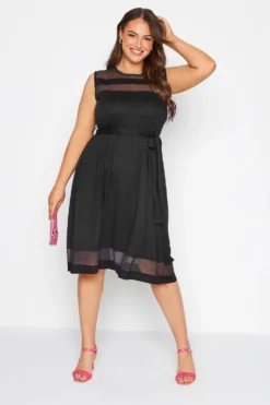 YOURS Curve Black Mesh Panel Skater Dress