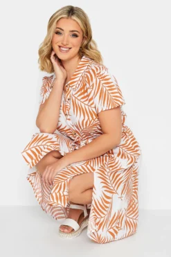 YOURS PETITE Curve White & Orange Leaf Print Belted Midi Dress -Outlet Stylo Wise Store c75279cf 5562 43 174477 D scaled