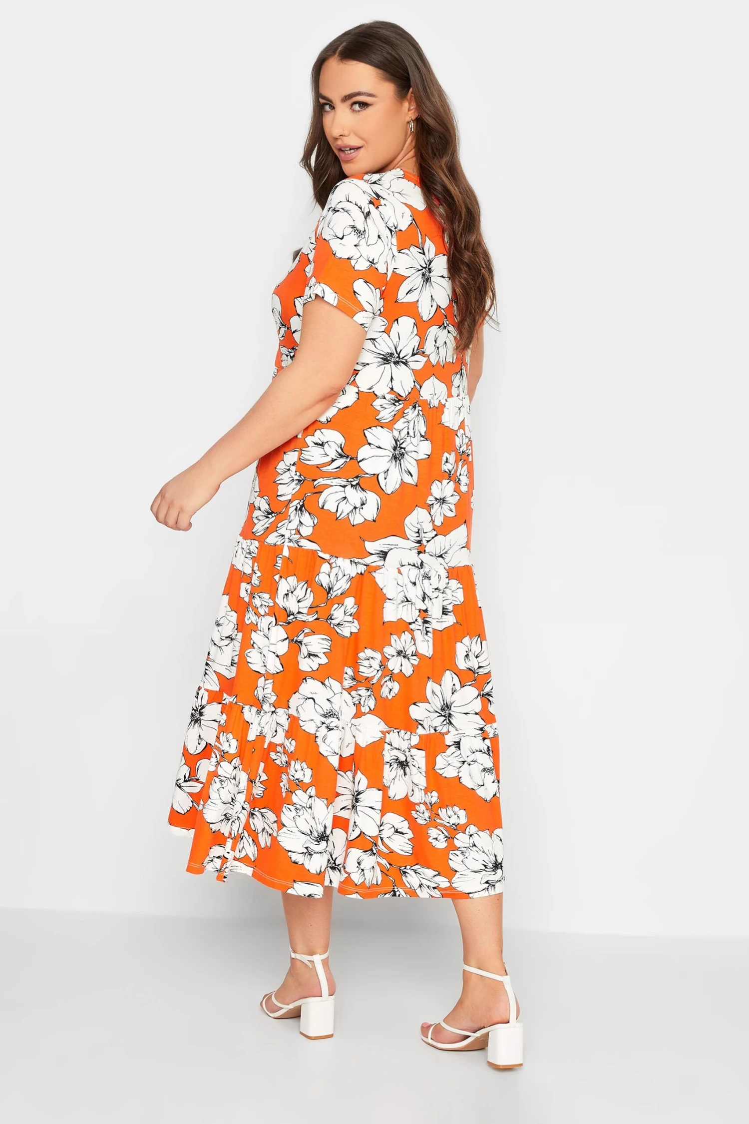 YOURS Curve Orange Floral V-Neck Tiered Wrap Dress 2 YOURS Curve Orange Floral V-Neck Tiered Wrap Dress - Image 2