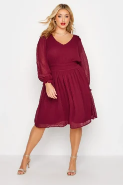YOURS LONDON Curve Red Dobby Ruffle Shoulder Dress