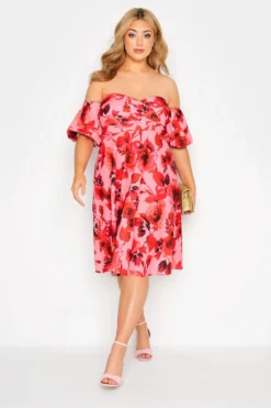 YOURS LONDON Curve Pink Floral Bardot Skater Dress