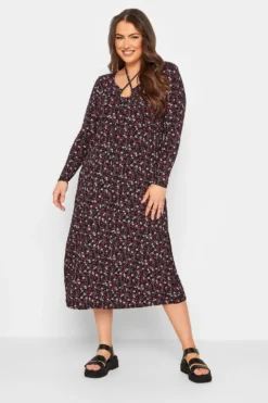 LIMITED COLLECTION Curve Black Ditsy Print Keyhole Tie Neck Midaxi Dress