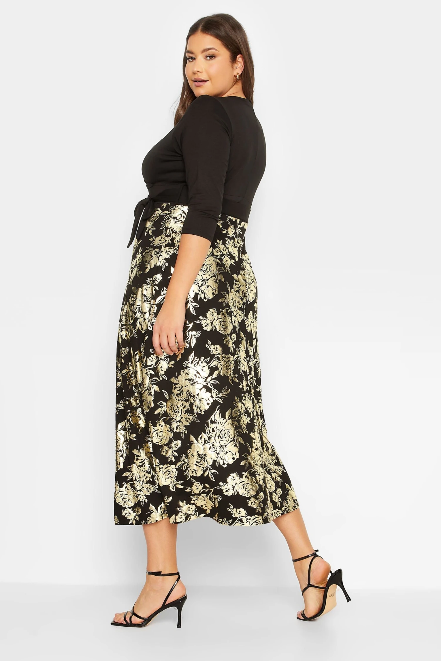 YOURS LUXURY Curve Black Foil Floral Print Wrap Dress 2 YOURS LUXURY Curve Black Foil Floral Print Wrap Dress - Image 2