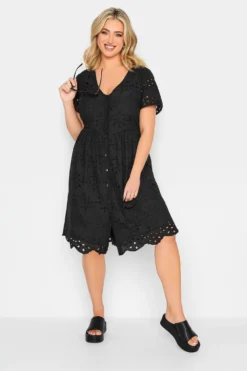 YOURS PETITE Curve Black Broderie Anglaise Mini Smock Dress